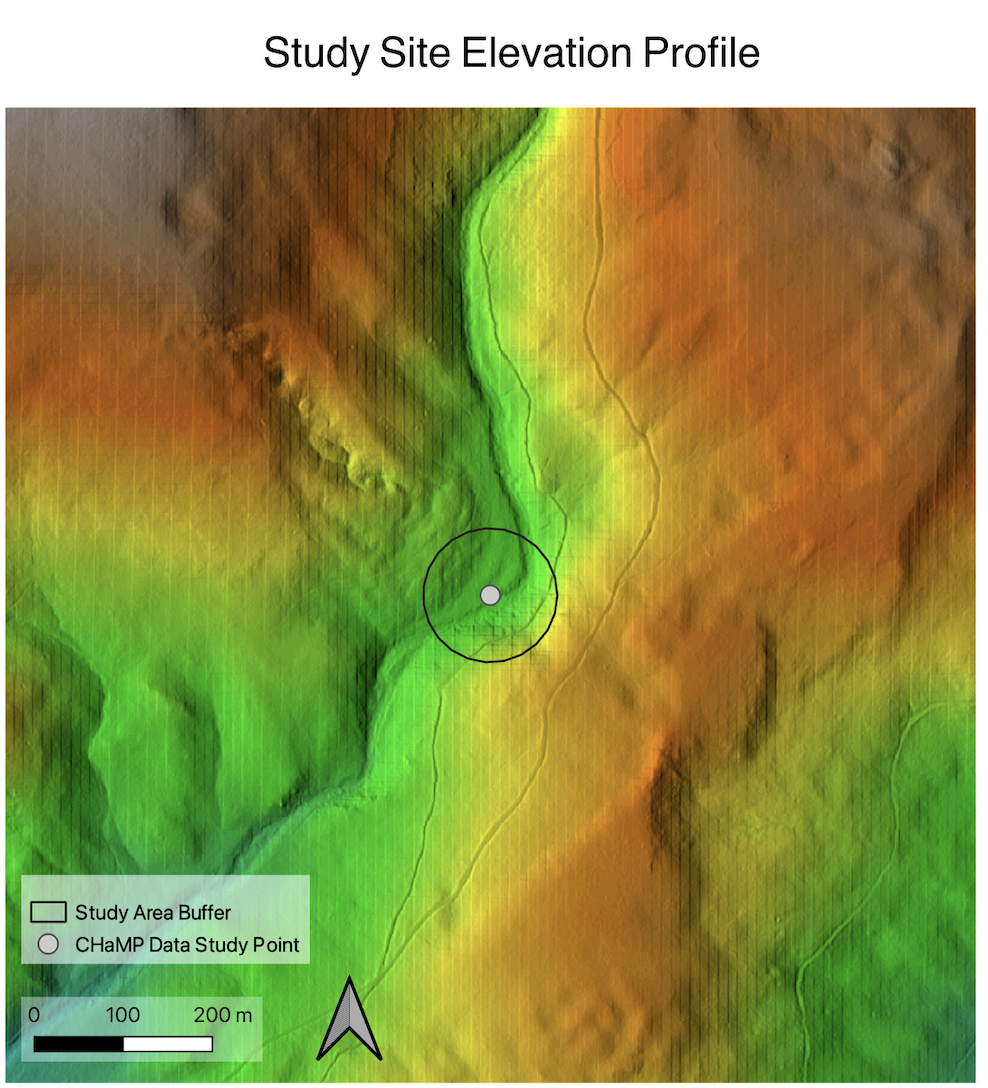 map of the study site shaded elevation