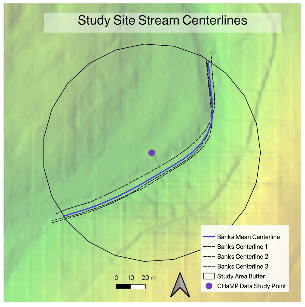 Map of the study site stream/river centerlines and final mean centerline