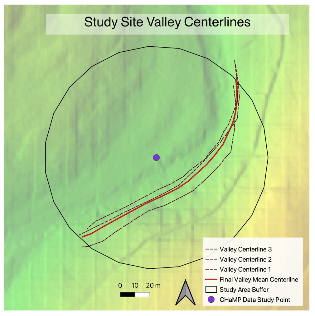 Map of the study site valley centerlines and final mean centerline